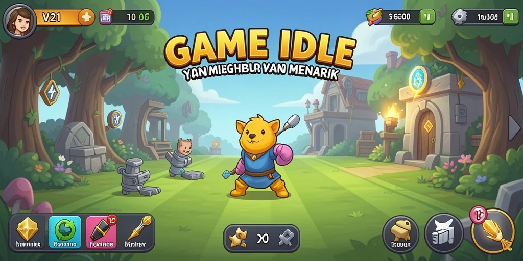 Tampilan gameplay V21 yang menggambarkan dunia Idle yang penuh warna.